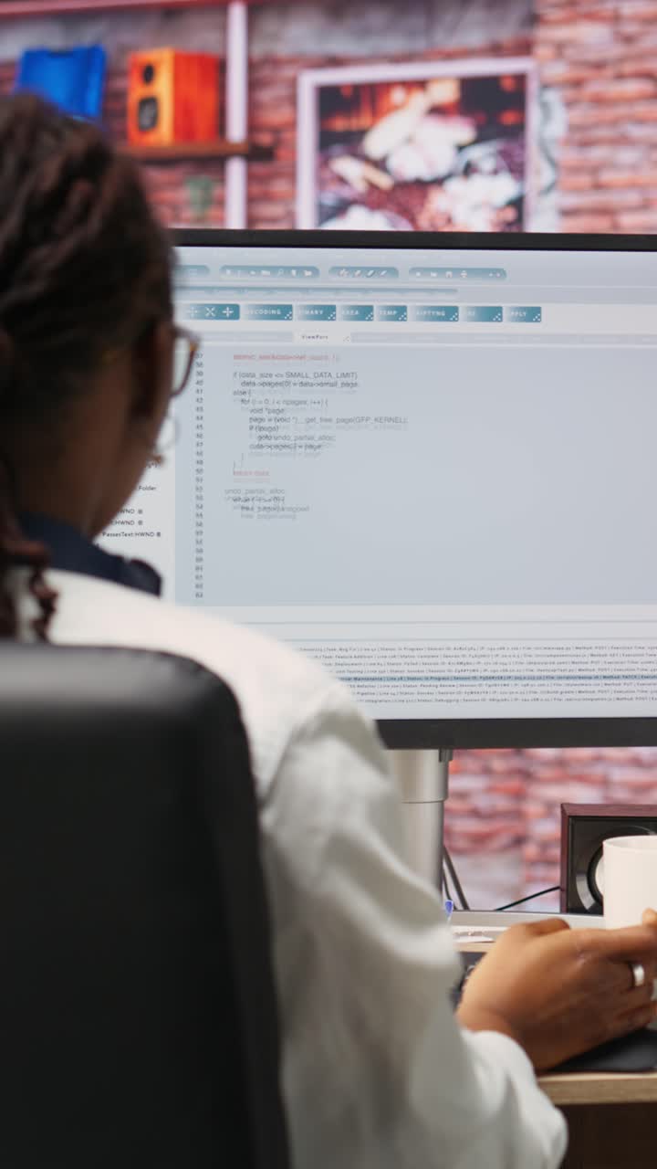 Vertical video IT expert in home office working with code editor