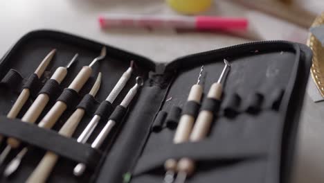 sharp clay sculpting tools lay inside a case.
