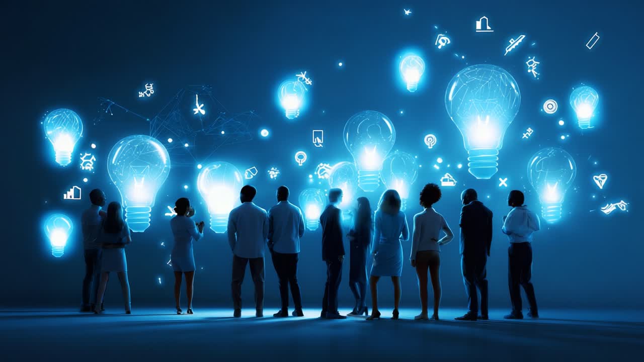 A Diverse Group of Individuals Engaged in Creative Thought and Innovation, Illuminated by Floating Light Bulbs Representing Ideas and Inspiration in a Futuristic Environment