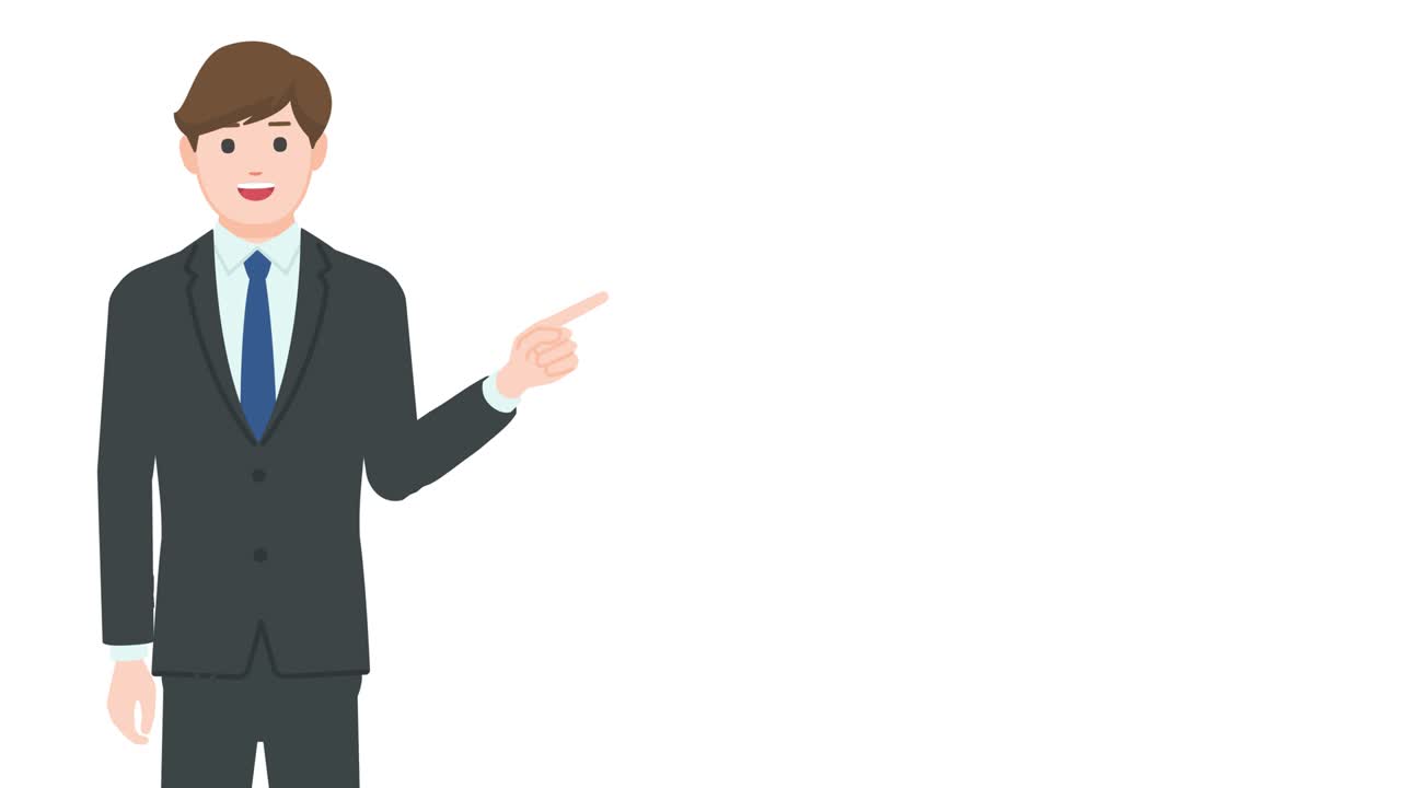 Talking businessman pointing at something isolated on white background