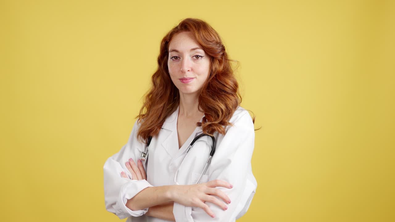 Confident female doctor with red hair and stethoscope on a yellow background