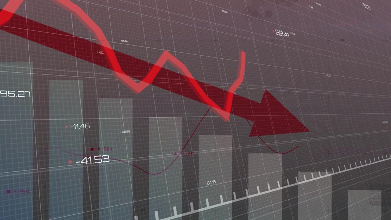 Thick red arrow, jagged red line starting left, waving, peaking mid, falling right, showing decline