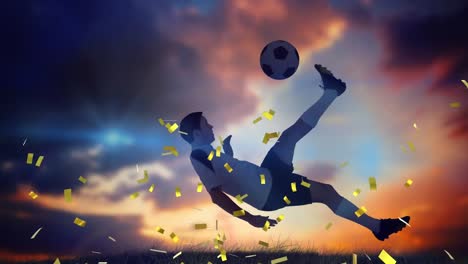 Animation-of-confetti-floating-caucasian-soccer-player-at-sunset