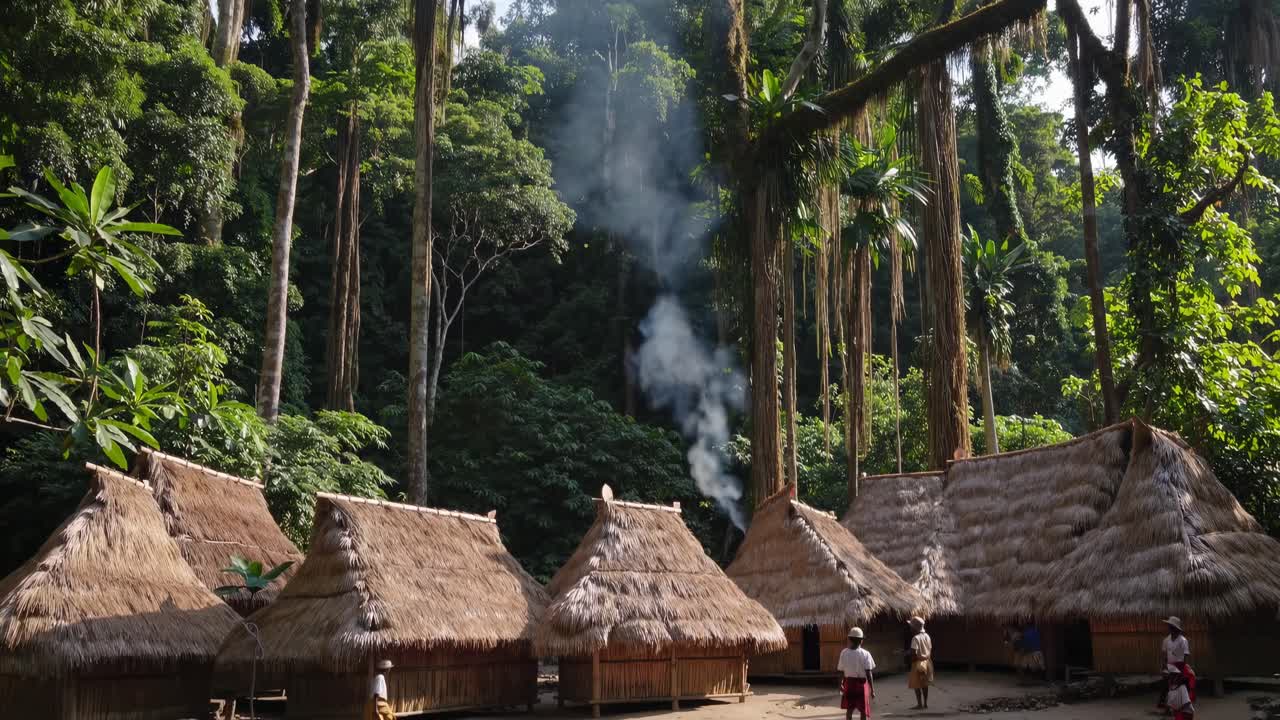 A captivating video still of a lush rainforest canopy, captured from a low angle