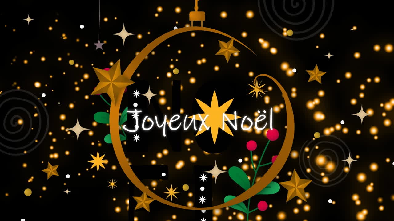 Animation de points lumineux sur le texte "joyeux noël" dans une boule de noël sur fond noir