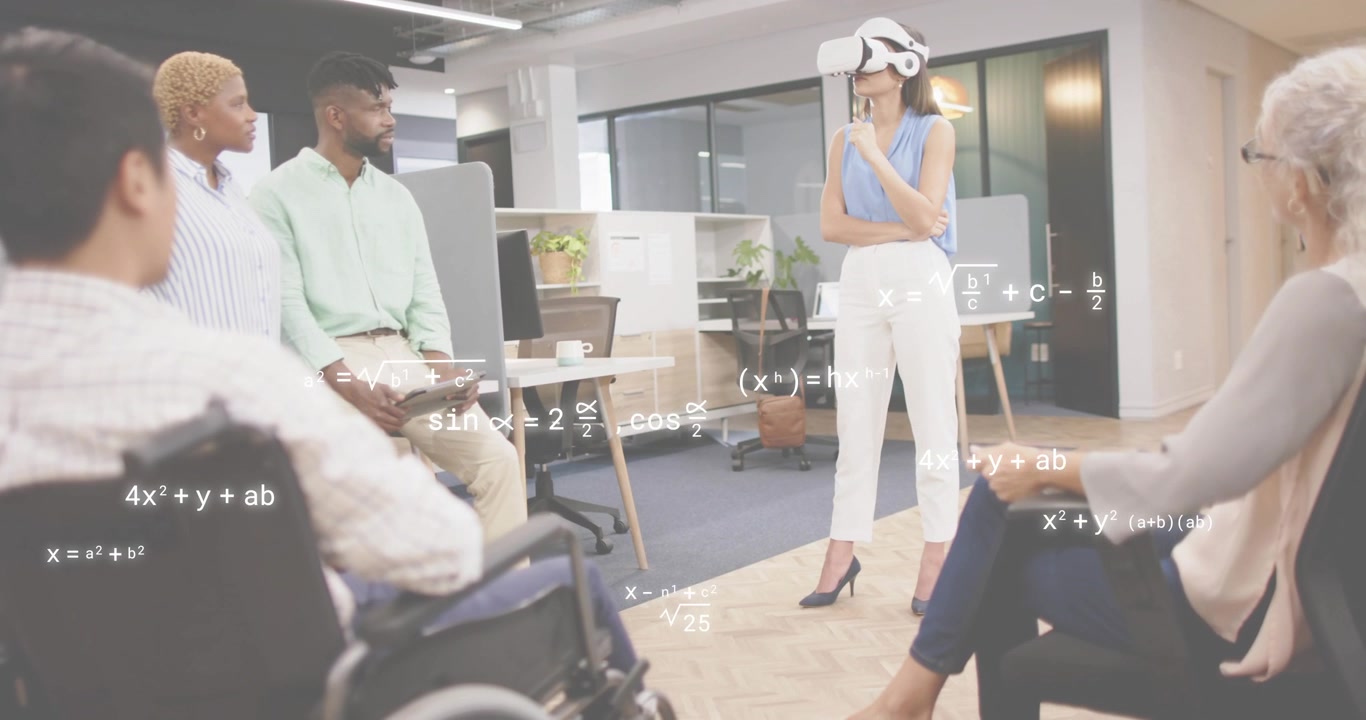 Presenter gripping VR headset and tapping chin initiates tech training, projecting math formulas
