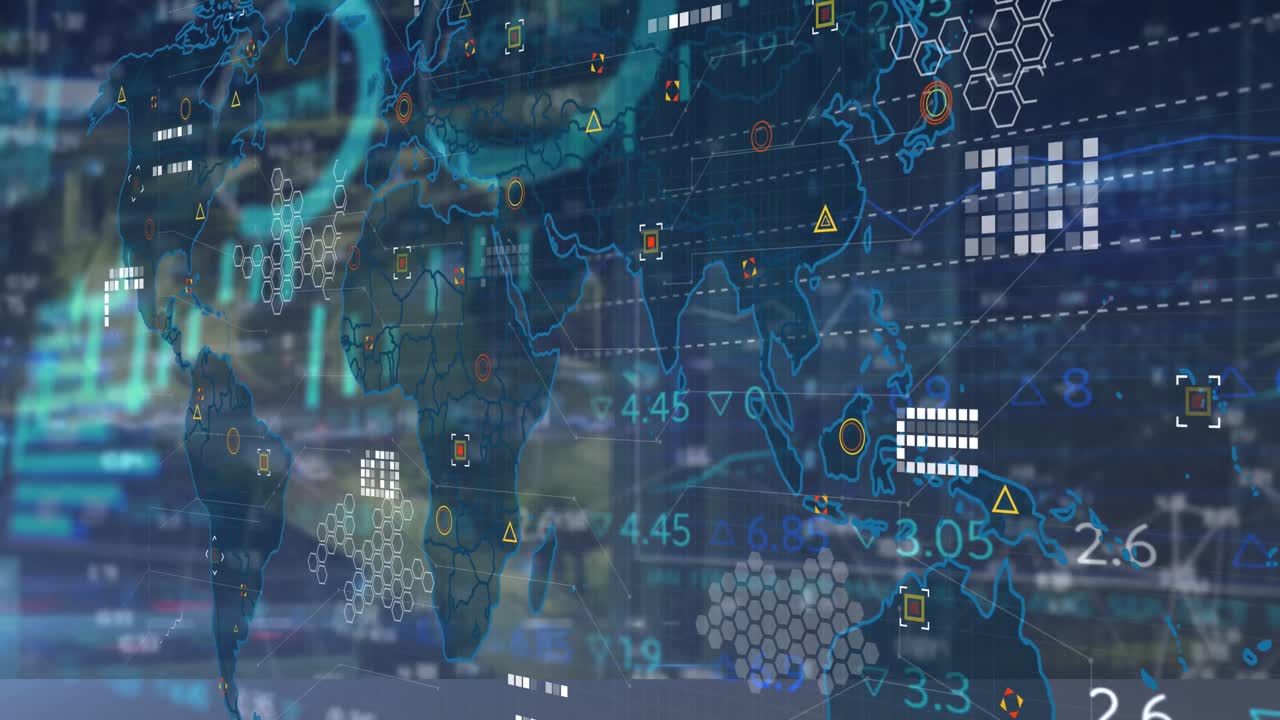 파란색 배경에 대한 세계 지도 위의 데이터 처리 애니메이션