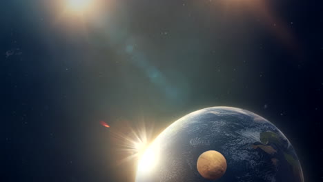 volando a una tierra alienígena como un planeta con una luna y tres estrellas y un amanecer en el espacio