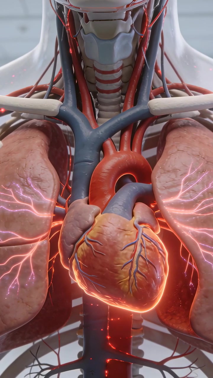 Video verticale: Modello 3D pulsante del torace che mostra il flusso polmonare e cardiaco con un bagliore cardiaco che inizia in laboratorio.