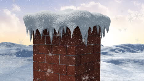 animación de la nieve cayendo sobre la chimenea en el paisaje de invierno