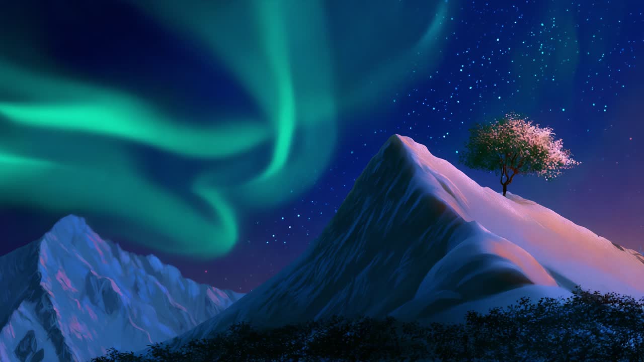 Majestic Aurora Borealis Illuminating a Snow-Capped Mountain Peak Under a Starry Night Sky Featuring a Solitary Tree at the Summit Radiating Calm and Natural Beauty in a Vibrant Landscape