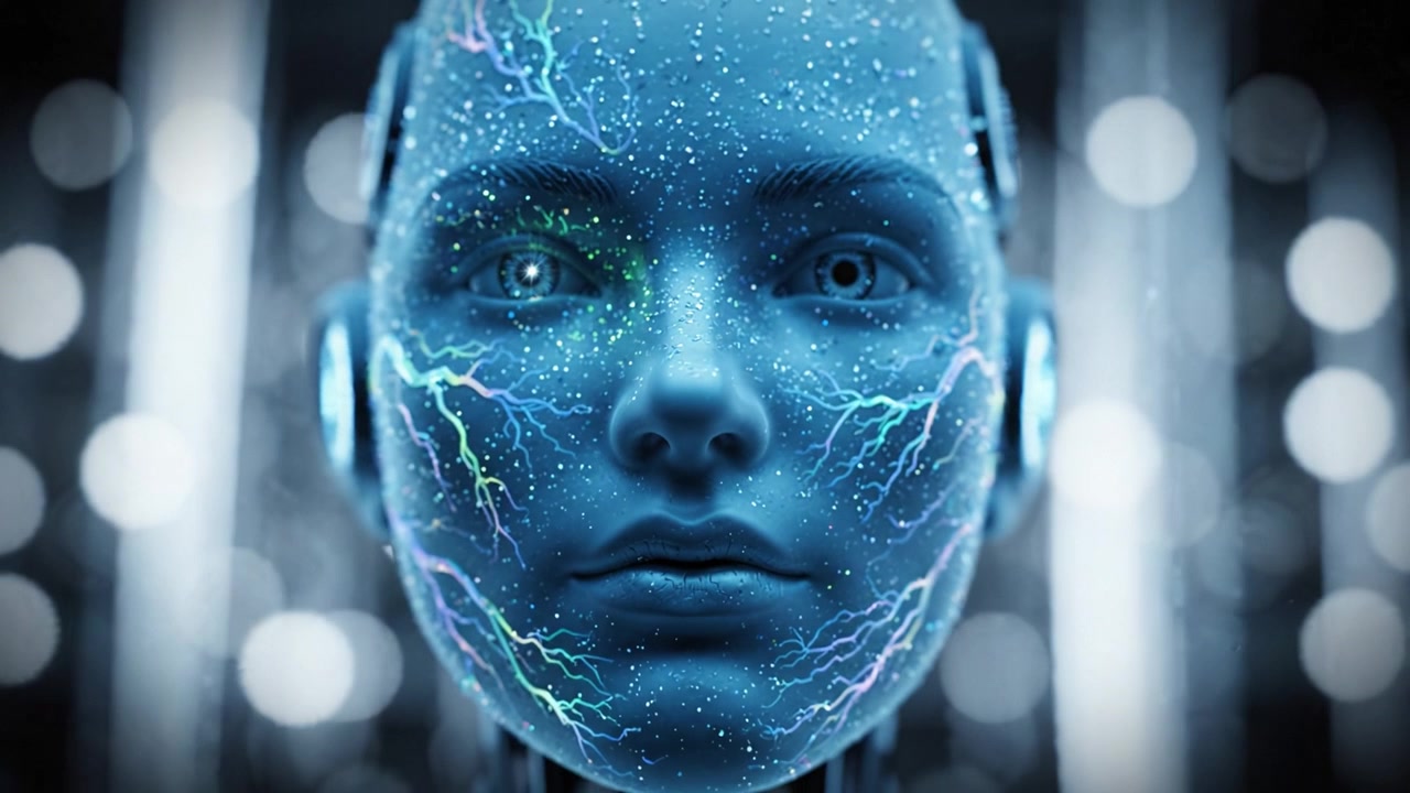 Volto robotico futuristico con intricati motivi elettrici, che mostra una fusione surreale di caratteristiche simili a quelle umane e tecnologia avanzata su uno sfondo luminoso.