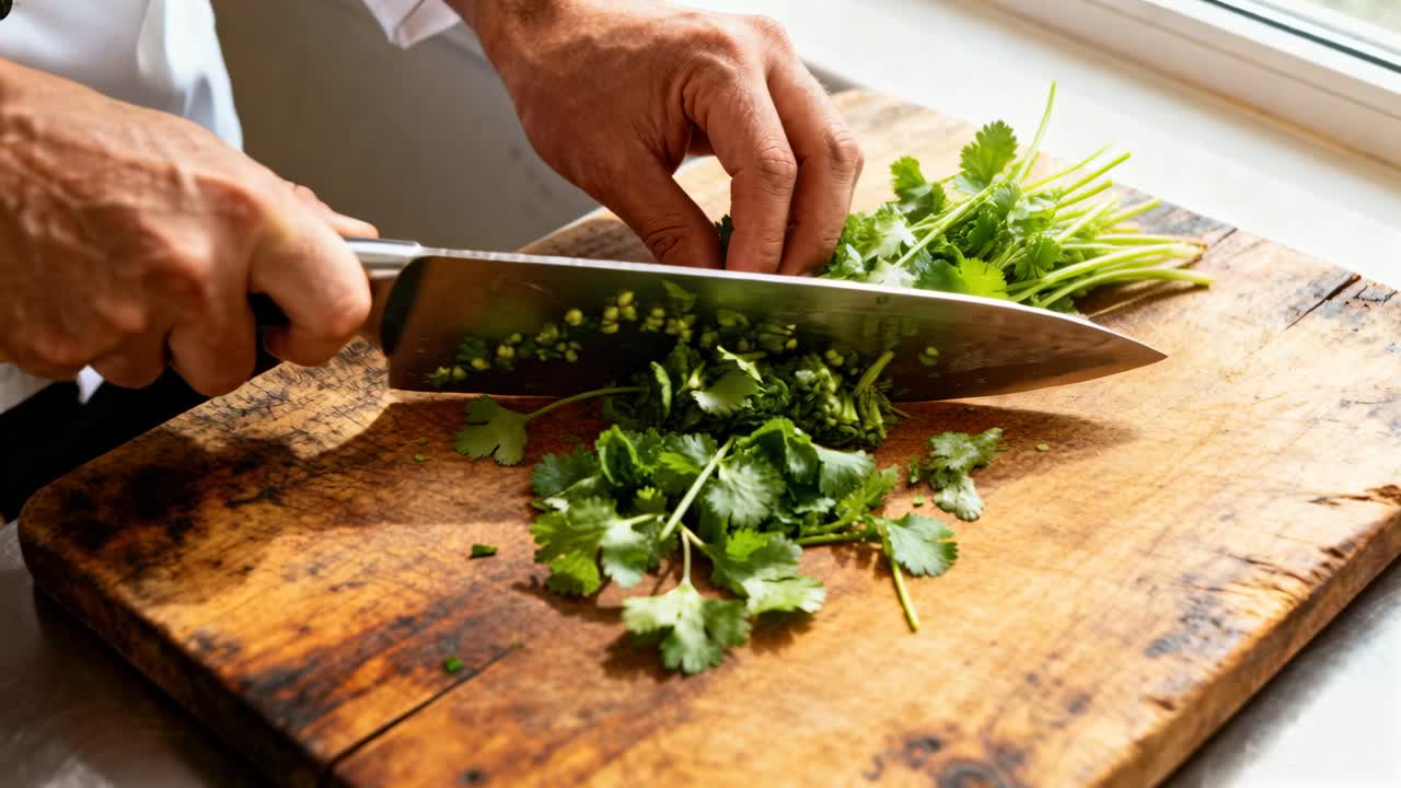 Posizionando un coltello da chef, mani in camicia bianca che tritano il coriandolo su un tagliere usurato vicino alla finestra per cucinare.