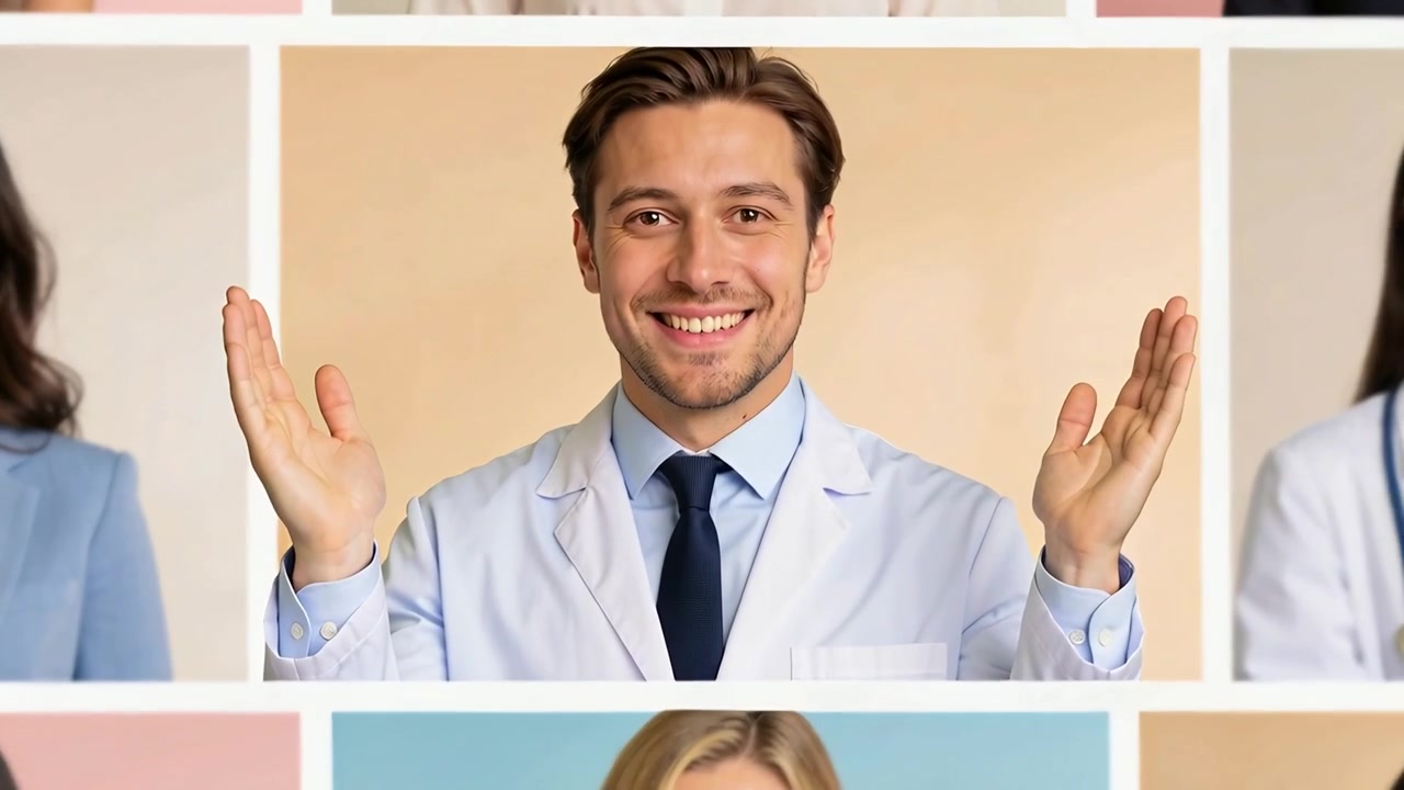 Telecamera che zooma centrando un medico in camice, evidenziando il suo ruolo medico con uno stetoscopio.