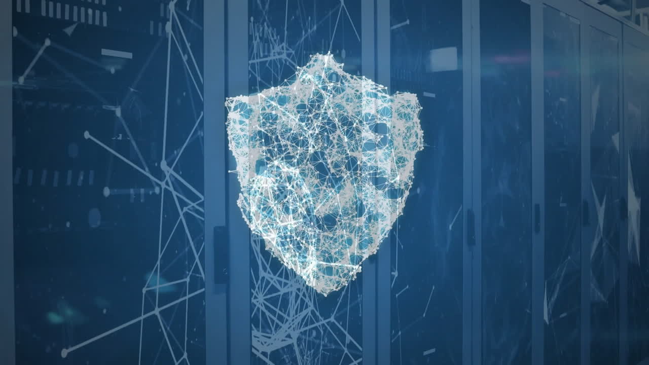 animazione dell'icona dello scudo con rete di connessioni sulla sala server