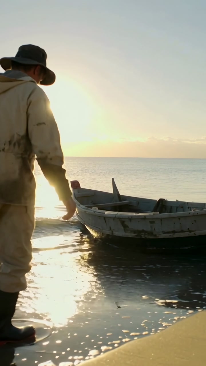 Vertical video: Walking fisher in wide-brim hat heading to boat on sand, low sun urging, copy space