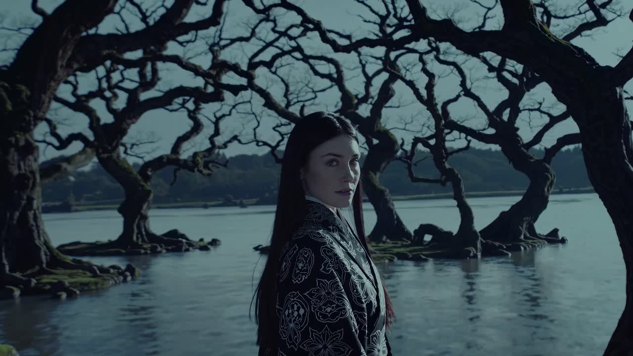 Una scena video misteriosa con una donna in kimono, in piedi nell'acqua
