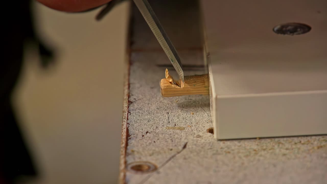 A macro shot shows a carpenter or furniture maker using the sharp edge of a metal chisel to precisely cut and shape a small wooden dowel pin during the assembly process