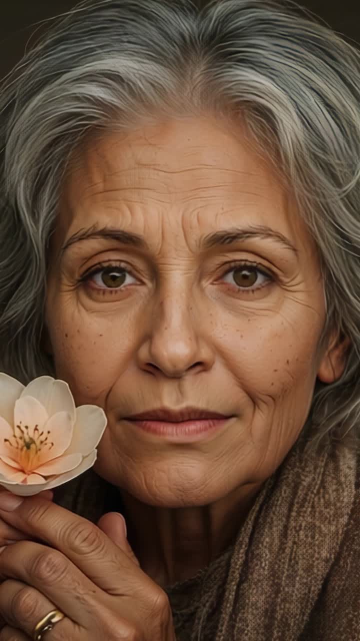 Vertical video: Older lady wearing scarf reacting to glow holding flower and meeting gaze in studio