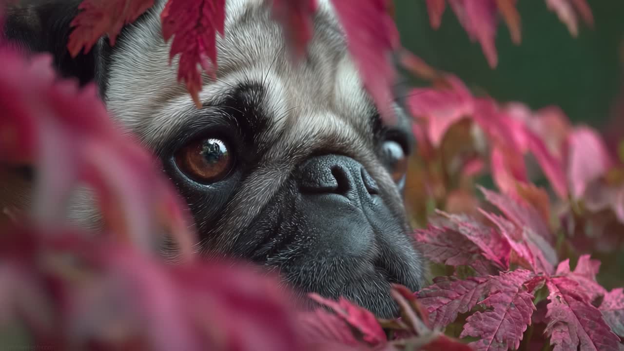 Un carlino curioso che sbircia attraverso foglie rosse vibranti, catturando la bellezza della natura e la curiosità giocosa in un momento sereno.