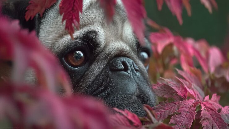 Um Pug Curioso Espreitando Através de Folhas Vermelhas Vibrantes, Capturando a Beleza da Natureza e a Curiosidade Brincalhona em um Momento Sereno.