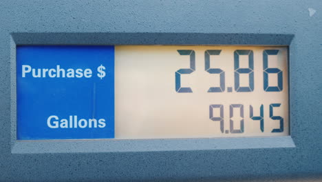 digital display with indicators of gasoline volume and value in us dollars retail sale of fuel