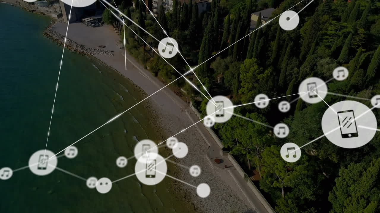 Animation of network of connections with icons over sea view
