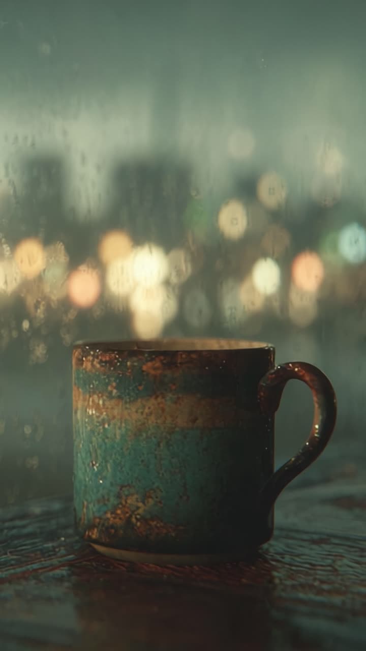 Un momento di tranquillità: cattura la serenità di una giornata piovosa con una tazza rustica in primo piano, immersa in un bokeh sognante di luci cittadine in lontananza