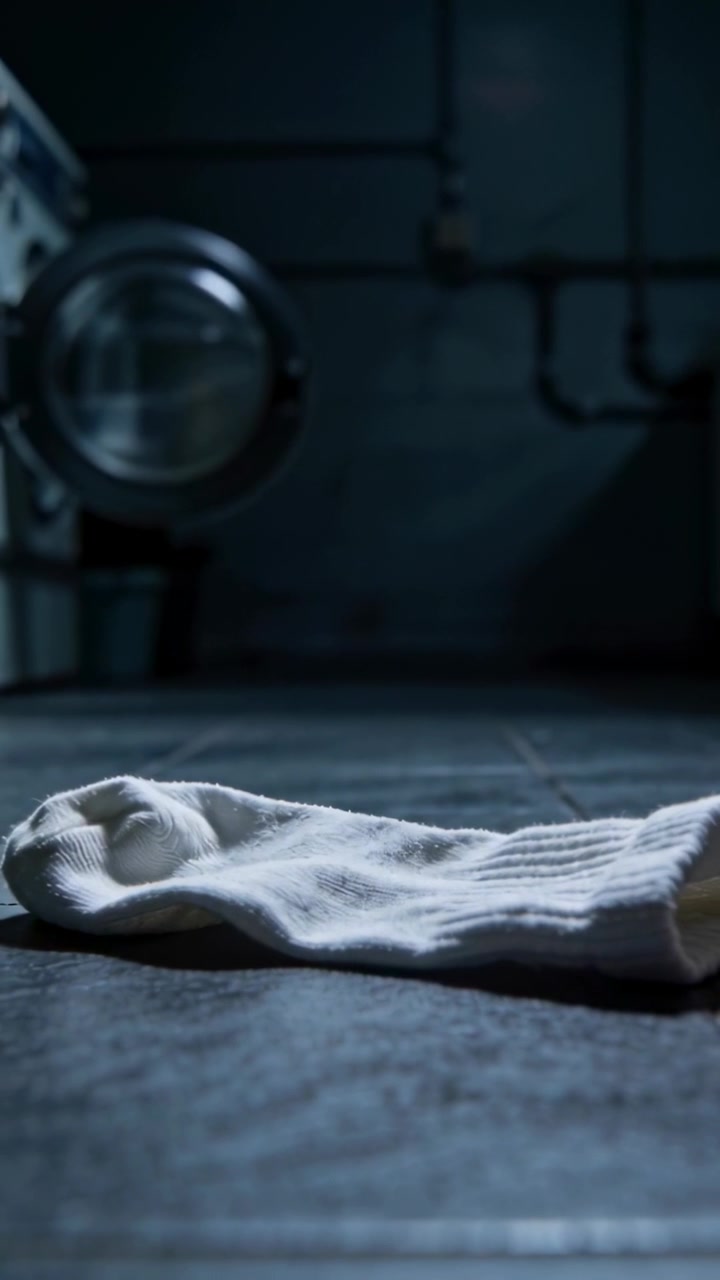 Vertical video: Pulling back camera revealing white sock in basement and showing meter and pipes