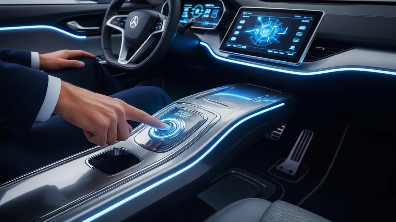 An Innovative Car Interior Showcasing High-Tech Controls and Sleek Design, Featuring a Driver Engaging with Cutting-Edge User Interface Technology
