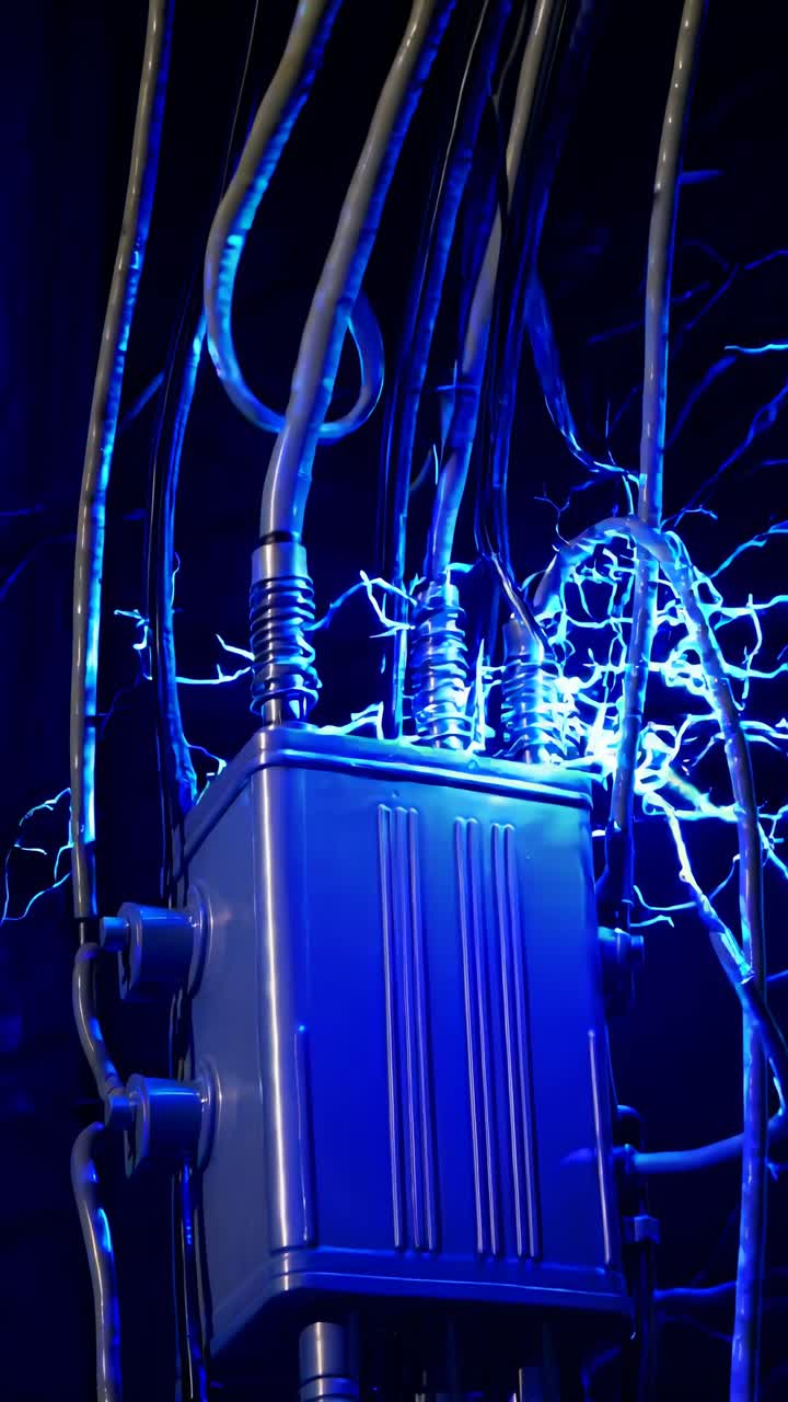 Dynamic close-up angle of a futuristic electrical box with glowing blue wires and sparks