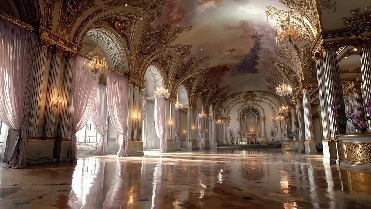 A large room with a chandelier and a painting on the ceiling