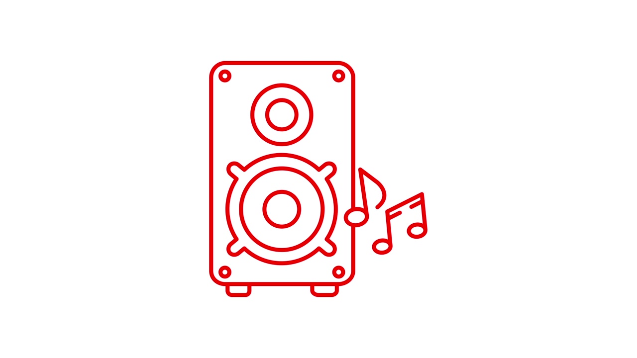 Disegno animato a linea rossa di un altoparlante con note musicali