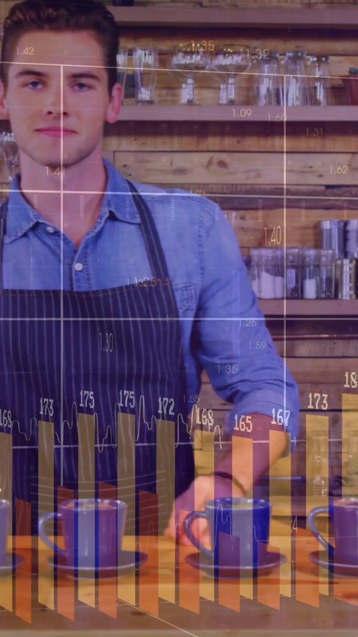 Wideo pionowe: Barista ustawiający niebieskie filiżanki na drewnianym barze, przesuwający filiżankę do przodu, wykresy rosnące w tle przygotowań.