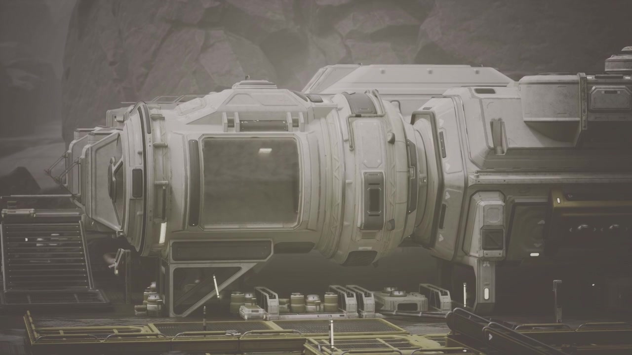 Silent industrial repair bay with decayed ship and scattered debris