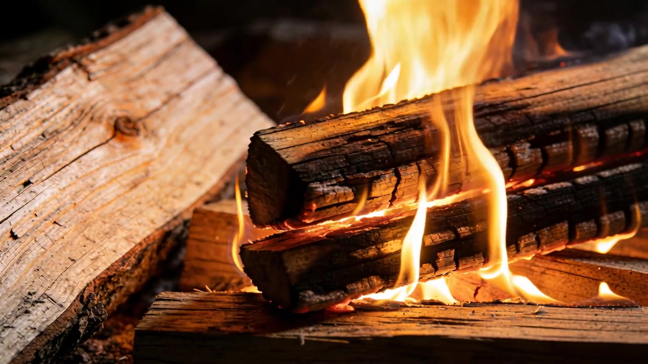 Crackling stacked split logs burning on hearth, with embers igniting between logs, providing heat