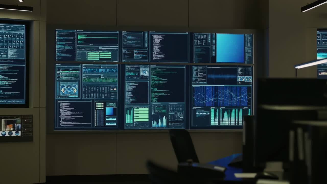 High-Tech Data Monitoring and Control Room with Multiple Screens