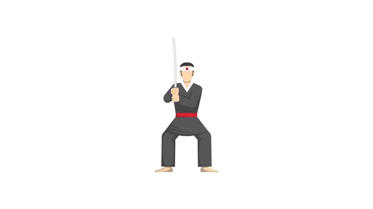 Uomo animato in uniforme da samurai che sguaina la katana
