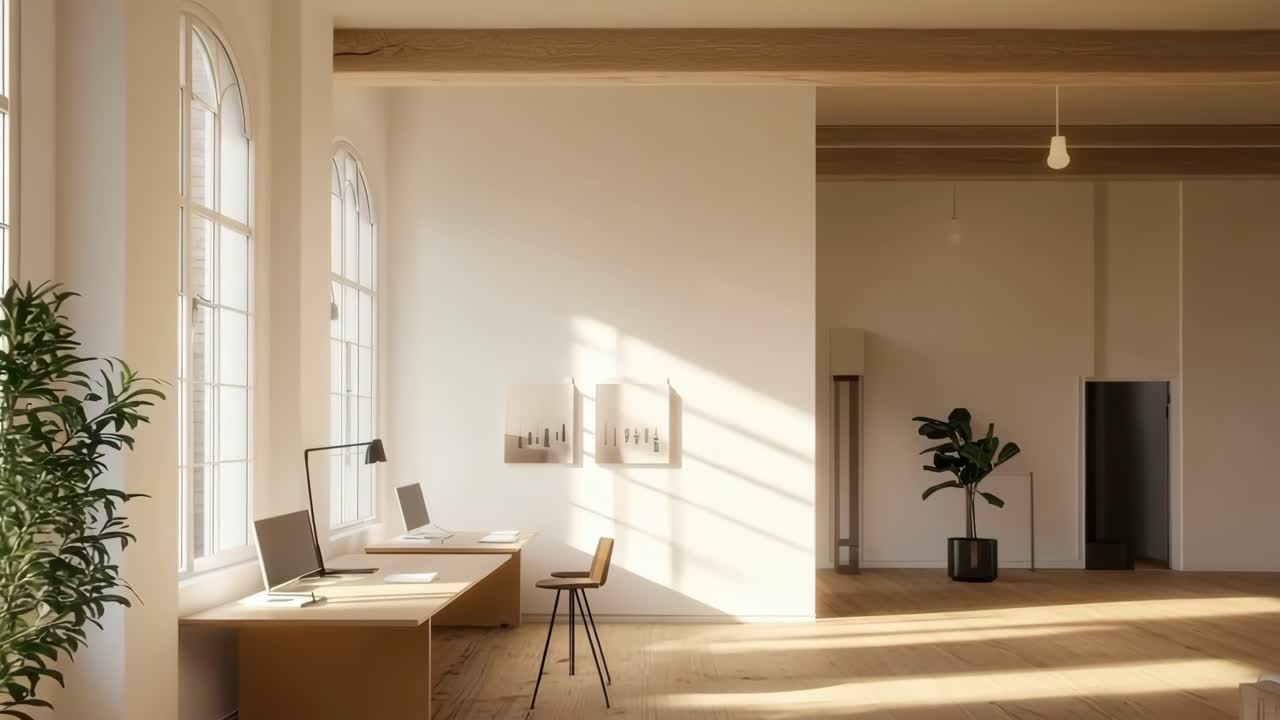 Spazio ufficio luminoso e minimalista con luce naturale. Un'inquadratura grandangolare cattura l'arredamento moderno e gli elementi in legno.