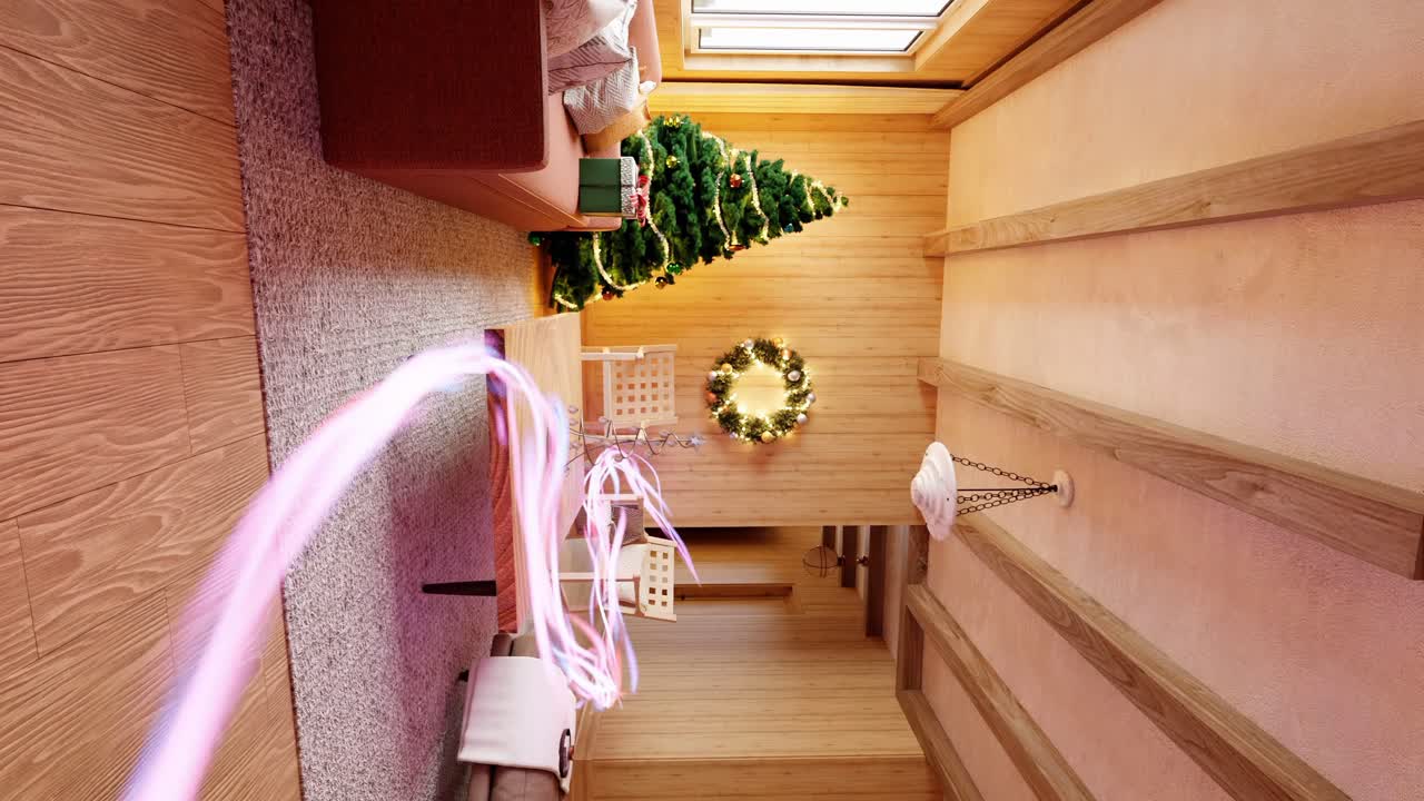 línea brillante moviéndose a través de una sala de estar decorada con navidad - diseño de interiores 3d vertical