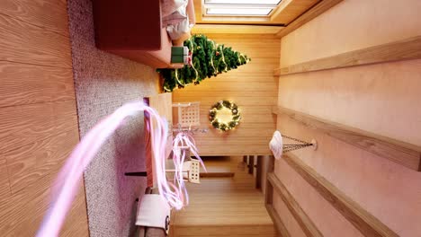 Línea-Brillante-Que-Se-Mueve-A-Través-De-Una-Sala-De-Estar-Decorada-Con-Navidad---Diseño-De-Interiores-3d-Vertical