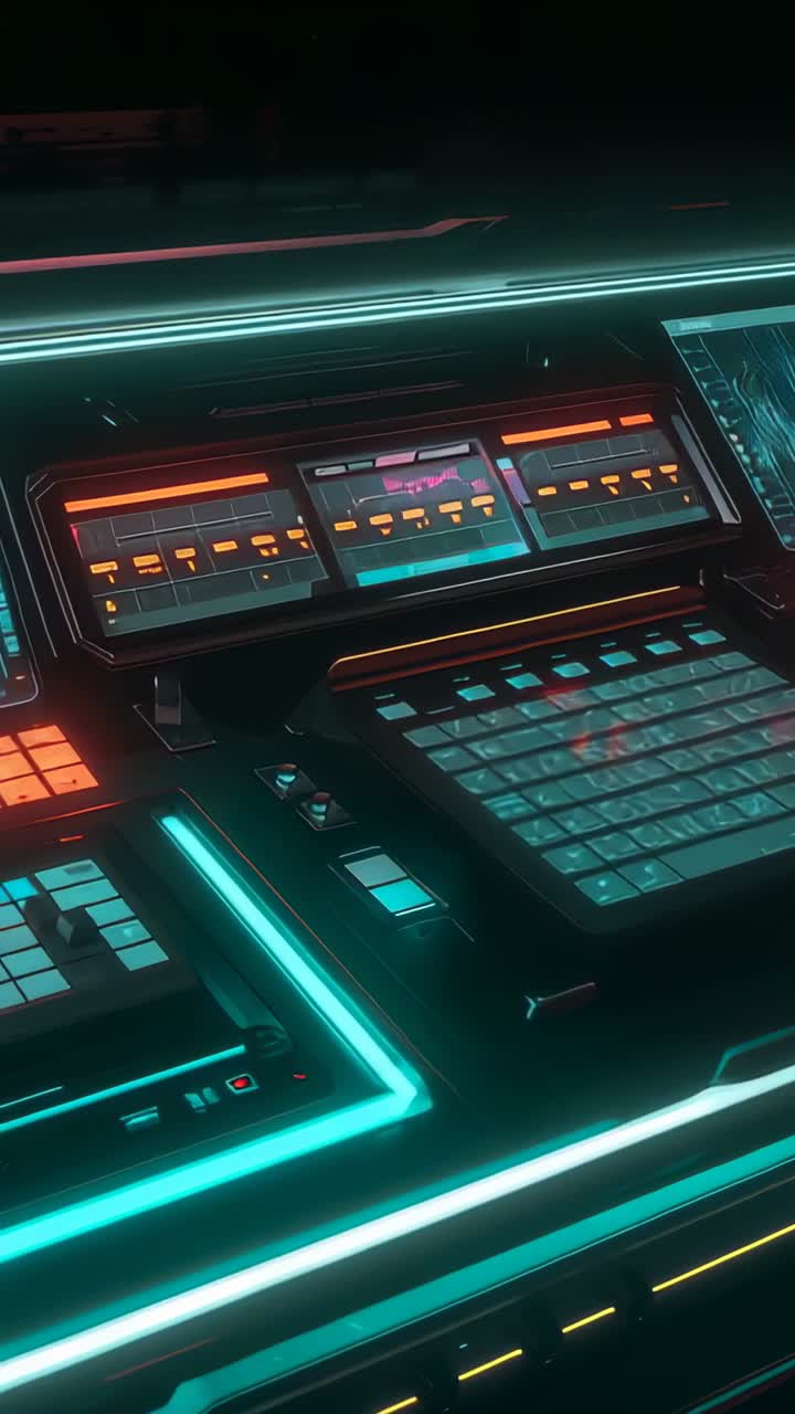 Vertical video: Powering up neon-lit console in control room, displaying glowing bars and waveform
