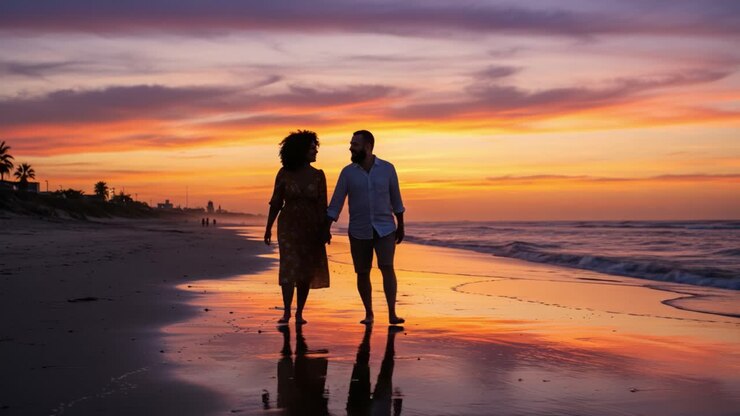 A Romantic Sunset Stroll: A Couple Walking Hand in Hand Along the Beach, Embracing the Beauty of Nature as the Sun Sets Over the Horizon
