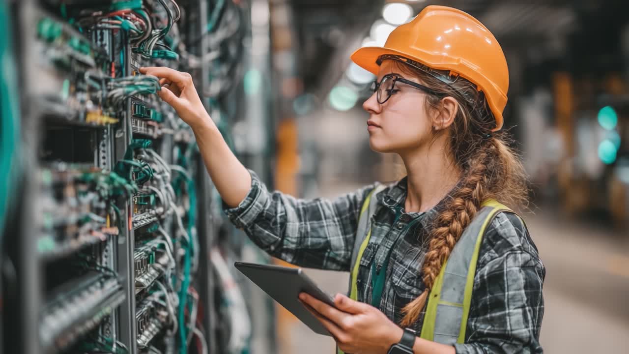 Young Female Technician in Safety Gear Analyzing Electrical Connections and System Performance in an Industrial Environment with Modern Technology and Tools