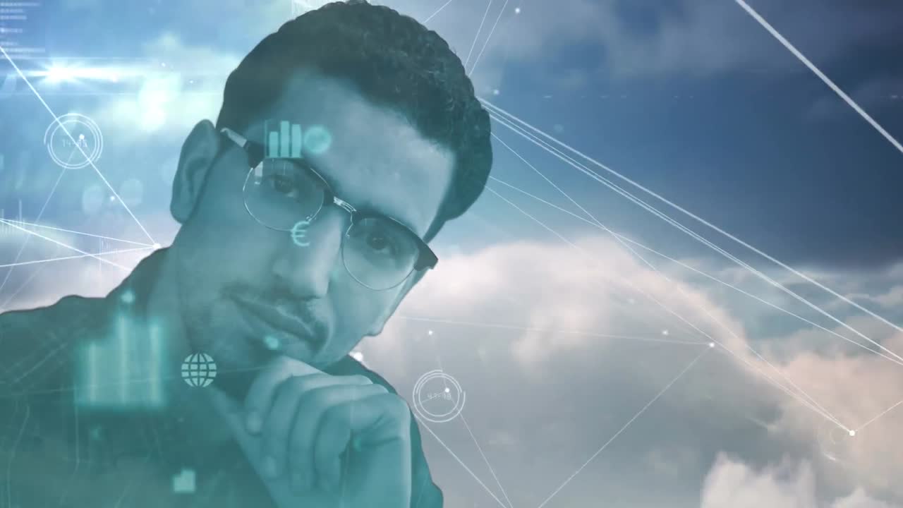 연결의 네트워크와 구름과 함께 하늘을 생각하는 사람의 초상화의 애니메이션