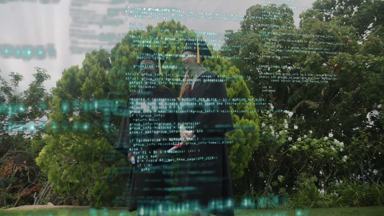 Two graduates at graduation adjusting diploma and sharing looks with green code overlay obscuring