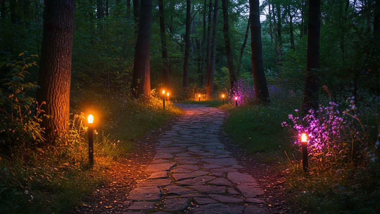 A Serene Twilight Stroll Along a Stone Path Illuminated by Enchanting Lanterns in a Peaceful Forest Setting
