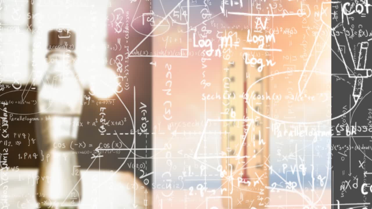Animazione di equazioni matematiche su termometro e bottiglia.