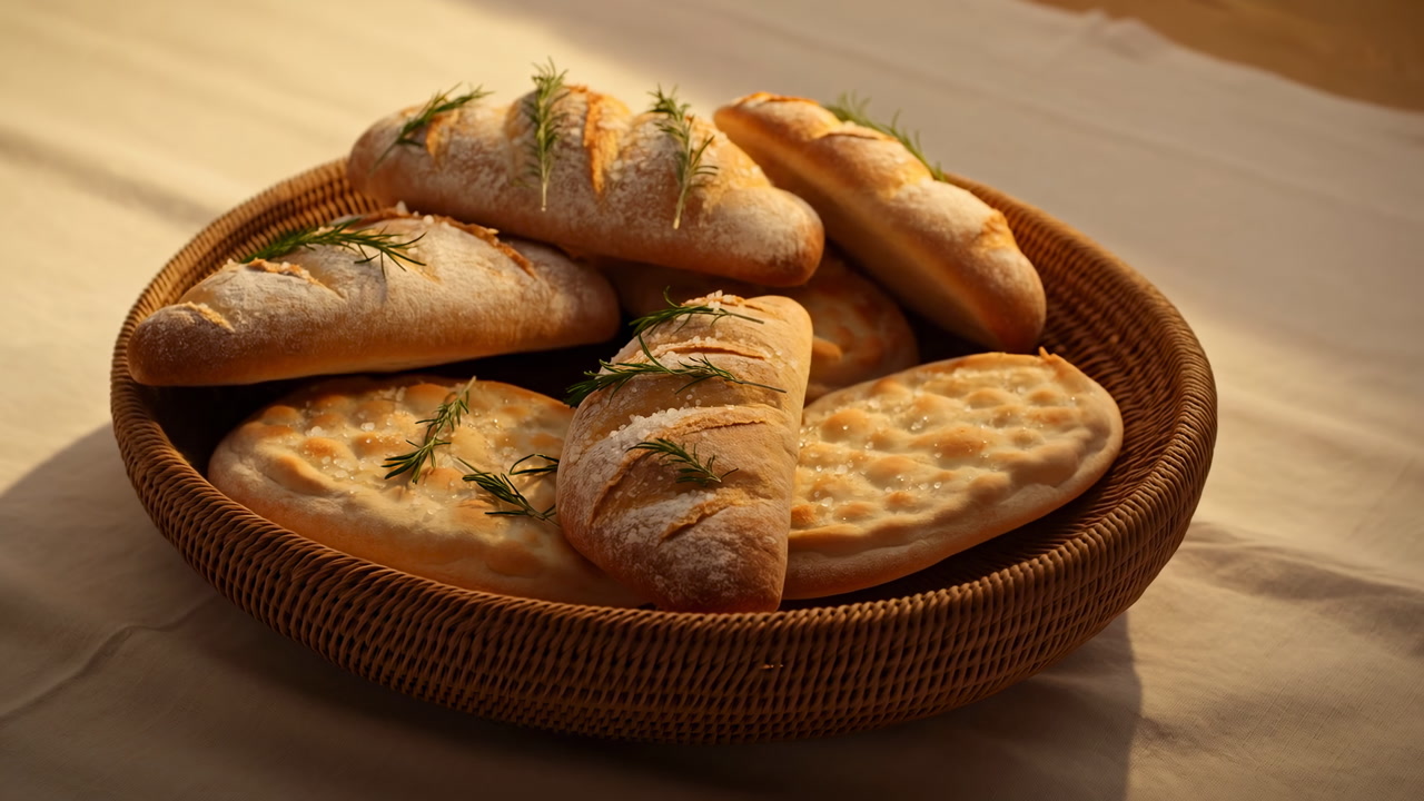Warm Sunlit Bread Basket With Dill. Artisan Baguettes And Focaccia Arranged In Woven Basket On Linen Table,
