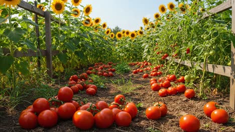 a beautiful harvest scene with lush tomato fields and bright sunflowers under clear skies, capturing the essence of nature's bounty in a vibrant garden setting